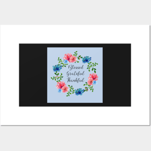 Floral Wreath Blessed Grateful Thankful Gratitude Message (Soft Blue) Posters and Art